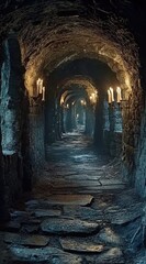 Obraz premium a dark underground stone dungeon with torches lighting the walls and floors of small rocks