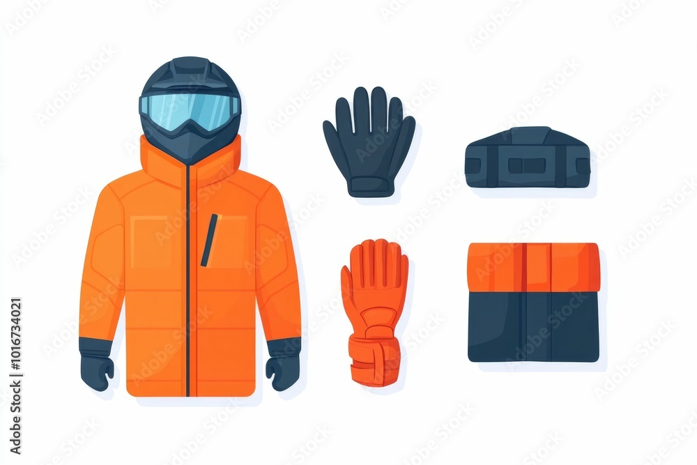 Poster icon depicting a snowmobile helmet and gloves in a minimal flat design style the image is isolated o