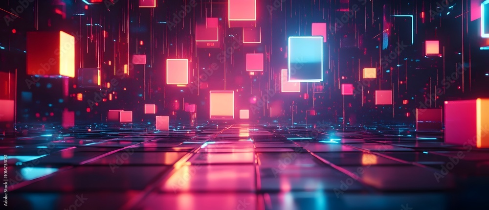 Poster vibrant neon colored geometric shapes in various sizes and forms floating and drifting in a dark abs