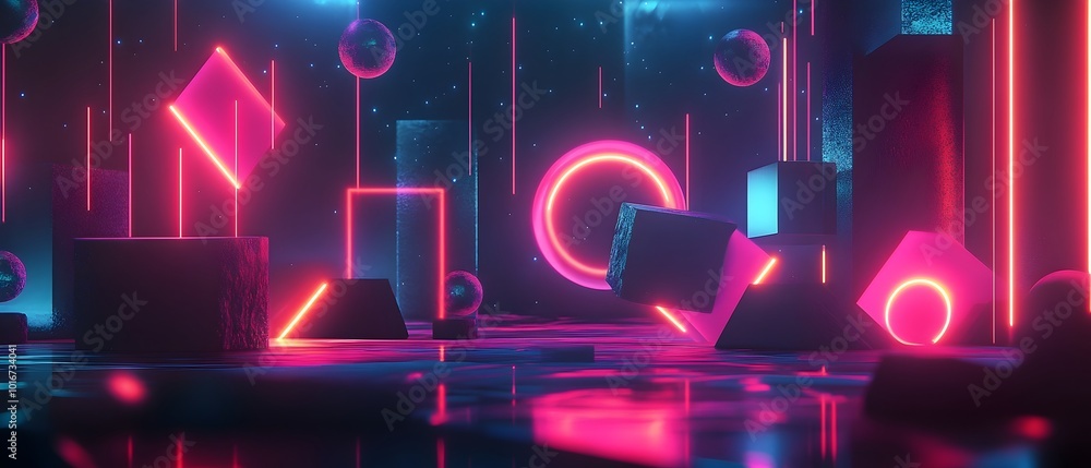 Poster vibrant neon colored geometric shapes gracefully floating in a dark abstract 3d space creating a fut