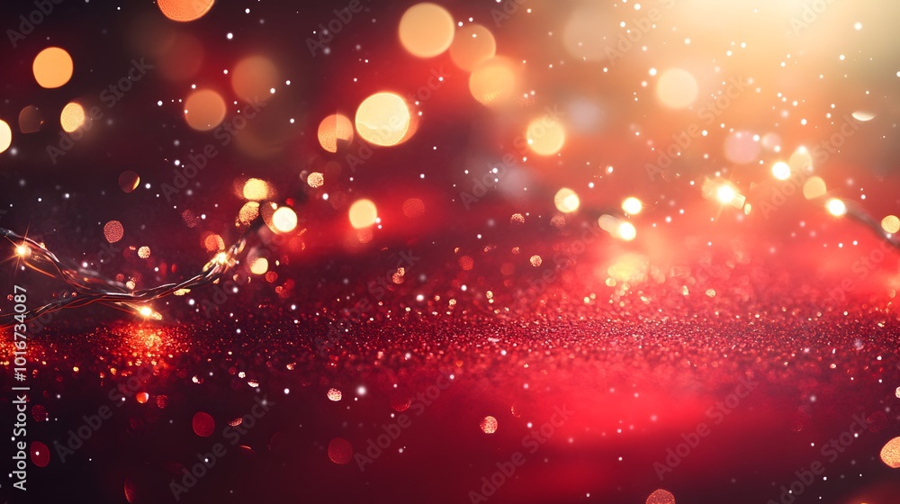 Poster red glitter and string lights with bokeh
