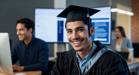 Obraz premium Smiling Hispanic male graduate student with computer screen background