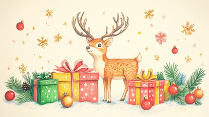 Naklejka premium 色鉛筆タッチのトナカイとプレゼント箱の可愛いクリスマスイラスト背景素材