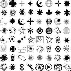 Fototapeta premium Trendy geometric brutalism Y2k elements Set for T-Shirt and logo design. Contains Retro futuristic elements and sparkle.