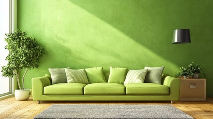 Cozy living room interior with a vibrant green wall and plush sofa set. Modern cabinetry and warm wooden flooring enhance the inviting ambiance, creating a perfect homey retreat.
