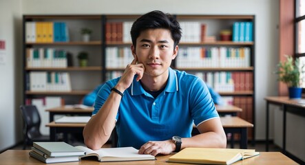 Thoughtful Asian male high school student in study room background