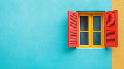 Obraz premium Window with open shutters on bright color wall background