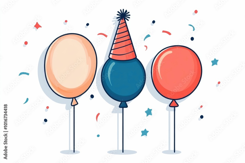 Poster a simple vibrant and minimalist icon featuring a balloon party hat and confetti in a flat colorful d
