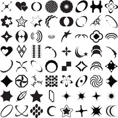 Obraz premium Trendy geometric brutalism Y2k elements Set for T-Shirt and logo design. Contains Retro futuristic elements and sparkle.