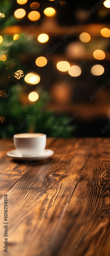 Aufkleber rustic wooden table and shelf setup in a stylish coffee shop, with soft bokeh lights in the backgrou