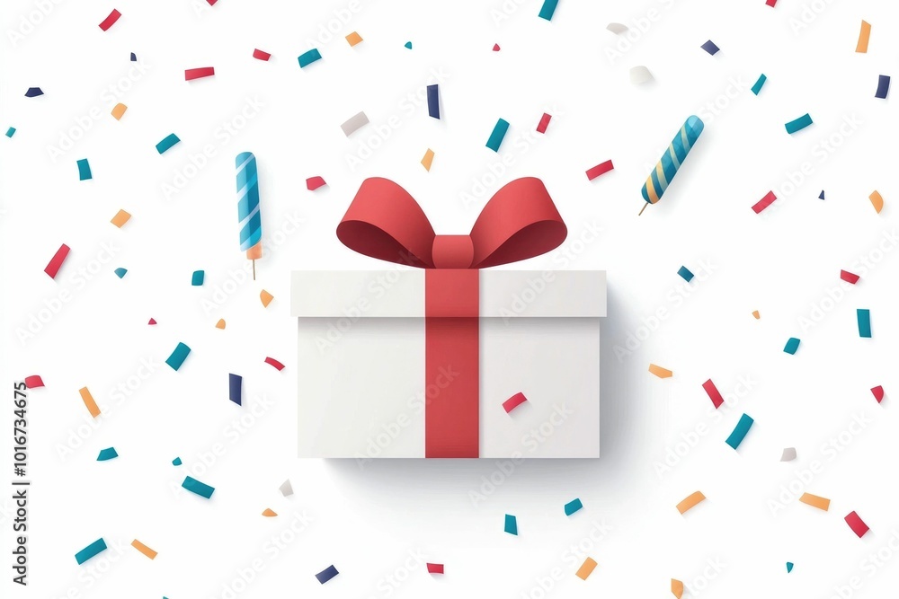 Poster festive of a simple and minimalist gift box with a red ribbon and colorful party popper isolated on 