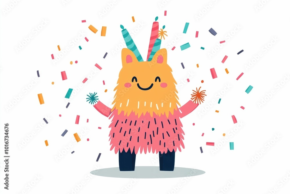 Poster colorful of a simple pinata icon with scattered candy and confetti elements in a minimalistic flat d