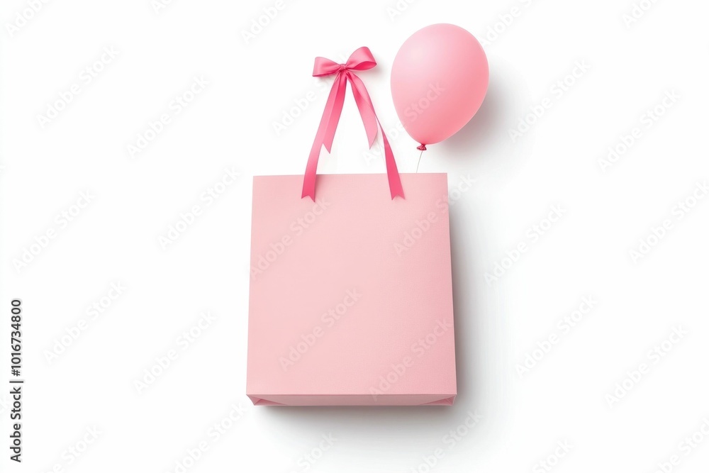 Poster a simple icon design featuring a centered grouped image of a gift bag balloon and ribbon in a minima