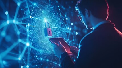 Double exposure Cyber security network. Data protection concept. Businessman using digital tablet with padlock on network security technology with cloud computing, data encryption, cybersecurity techn