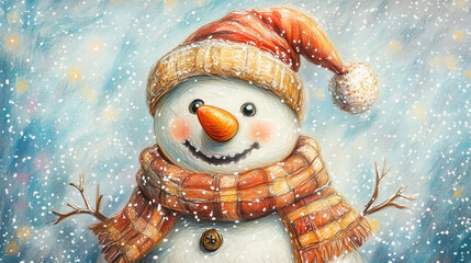 色鉛筆タッチの雪だるま背景イラスト素材