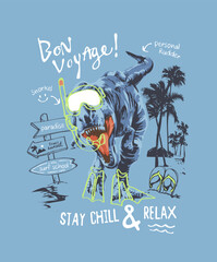 typography slogan with dinosaur in snorkel mask on the beach cartoon vector illustration © tsuponk