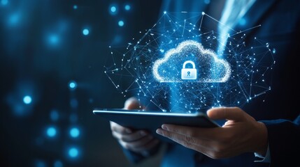Double exposure Cyber security network. Data protection concept. Businessman using digital tablet with padlock on network security technology with cloud computing, data encryption, cybersecurity techn