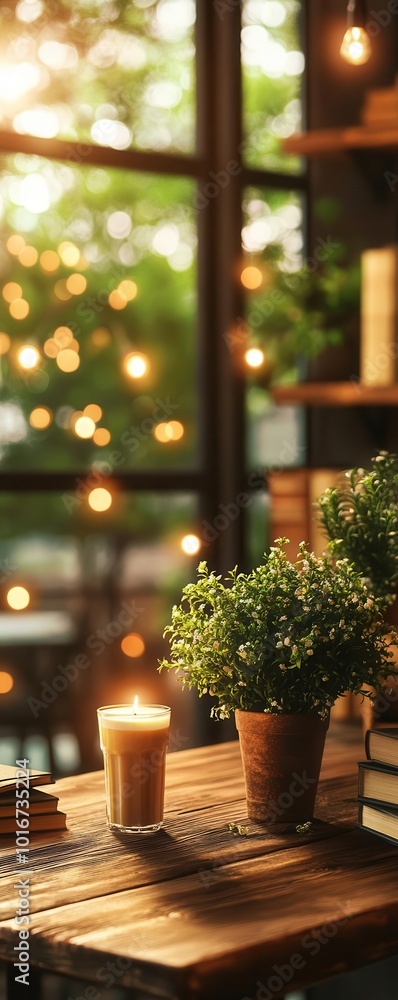 Aufkleber stylish cafe setup with a rustic table and shelf filled with books and plants, warm ambient light an