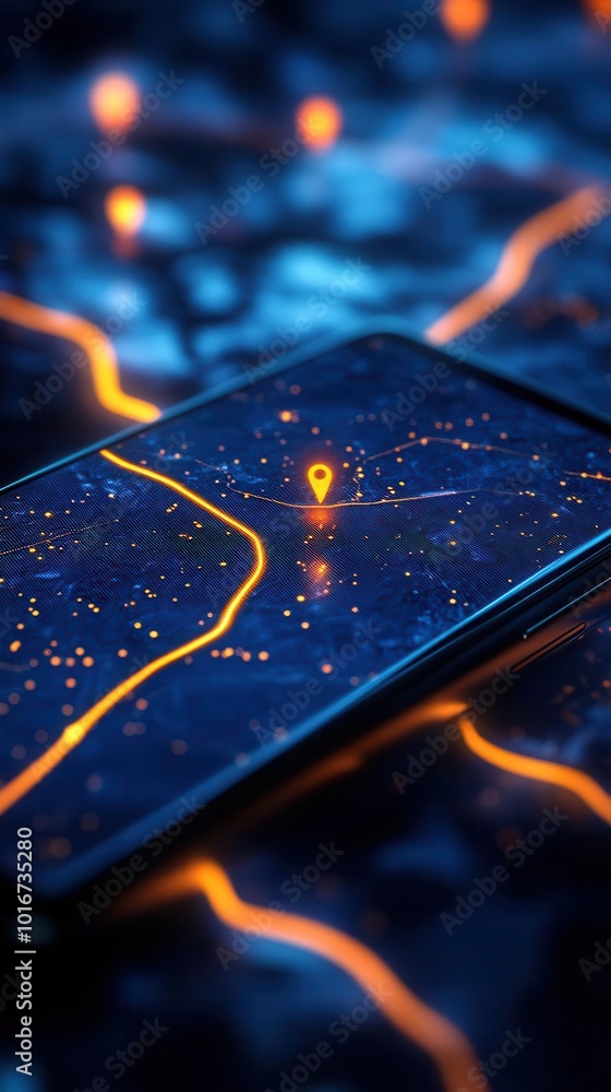 Poster gps navigation concept with a glowing route path and location pins on a digital map, overlaid on a s