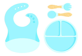 Blue baby tableware set of vector illustration in flat design. Kid dish, bib, cutlery for children