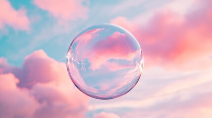 A cute, cartoon bubble floats against a pastel sky, surrounded by clouds and sunlight, evoking feelings of wonder and lightness