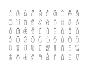Collection vector icons of beauty, cosmetics and care. Bottle, jar, shower gel, face cream, body lotion, spray, ointment, paste.
