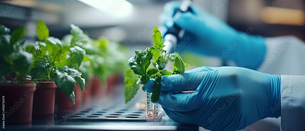 Poster scientist analyzing and examining a food dna sample in a modern laboratory setting conducting resear