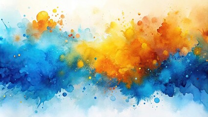 Abstract blue yellow orange watercolor splashes background