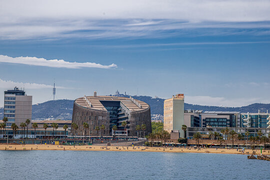 View from the sea with Center for Genomic Regulation, CRG , international biomedical research institute, Barcelona, Spain