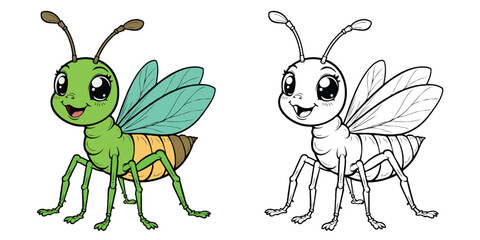 Cute Cricket Insect Smile Cartoon Coloring Page For Kids