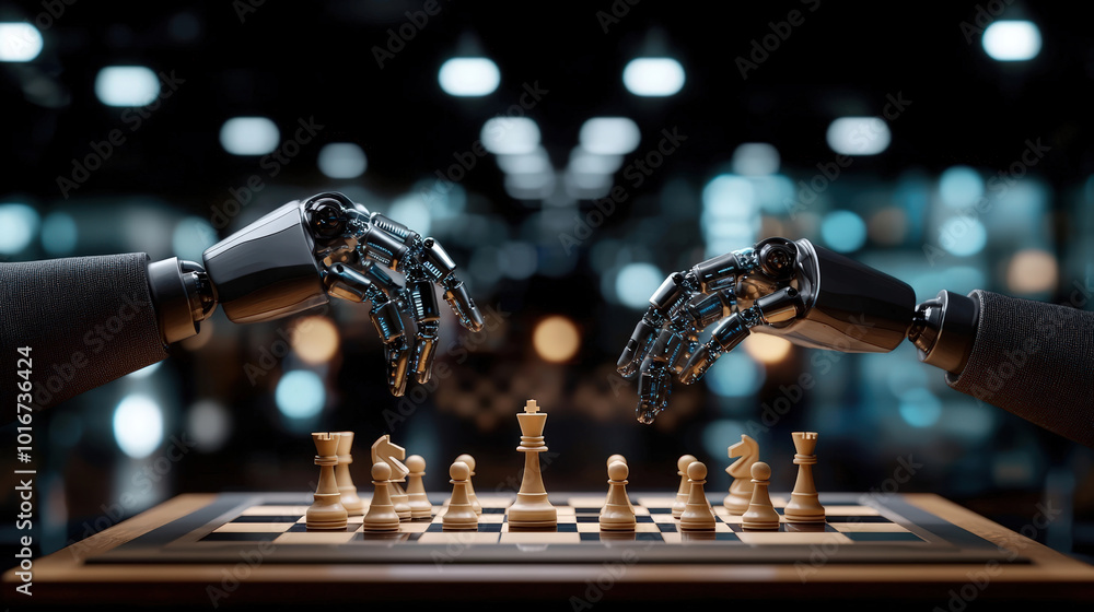Poster futuristic chess game between two robotic hands showcases advanced technology and strategy. scene is