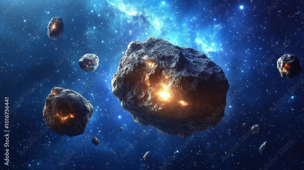 Poster glowing asteroids and cosmic dust floating through deep space, forming an awe-inspiring asteroid bel