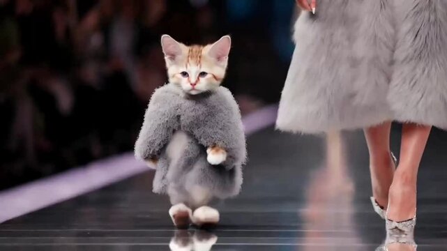 A kitten confidently strutting down a fashion catwalk in a stylish costume