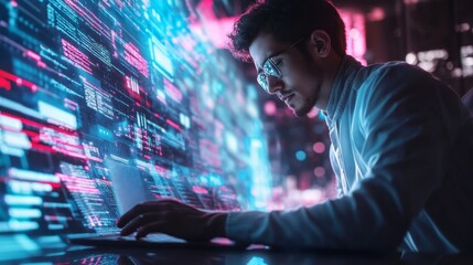 Double exposure Data scientists. Man programmer using laptop analyzing and development at various information on futuristic virtual interface screen. Algorithm. marketing and deep learning of artifici