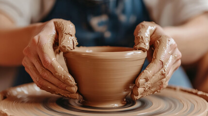 Creating pottery requires skill and focus, as seen in this image of hands shaping clay bowl on potters wheel. artists dedication is evident in smooth, wet clay