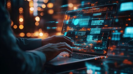 Double exposure Data scientists. Man programmer using laptop analyzing and development at various information on futuristic virtual interface screen. Algorithm. marketing and deep learning of artifici