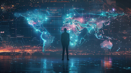 A visionary business leader standing before a digital map of the world, explaining how their global vision will transform the company's international operations.