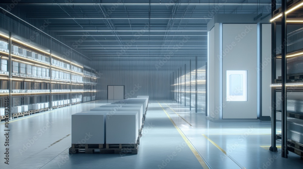 Poster high-tech logistics center showcasing generative ai solutions for optimal cold chain storage, ensuri