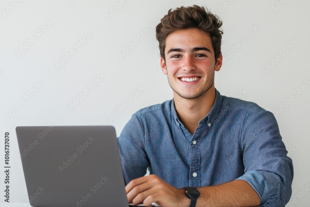 Wall mural Smiling young man with laptop happy professional electronics.