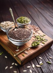 graines de courge, de chia et de lin, sur la table avec une cuill&egrave;re 