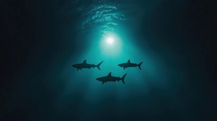 Diving into deep blue, three sharks glide gracefully beneath shimmering surface, illuminated by suns rays. This captivating underwater scene evokes sense of wonder and tranquility
