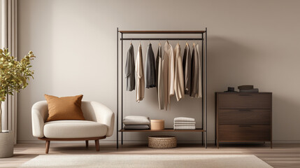 A stylish and modern interior featuring clothing rack with neutral toned garments, cozy armchair with an orange cushion, and wooden dresser. warm atmosphere invites comfort and relaxation