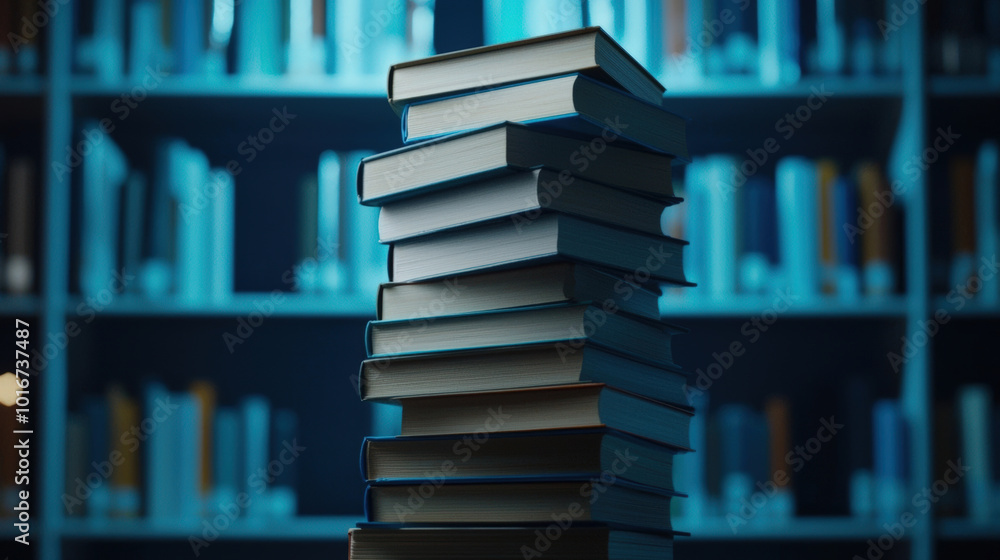Poster stack of books in library setting, illuminated with soft blue light, creates serene and studious atm
