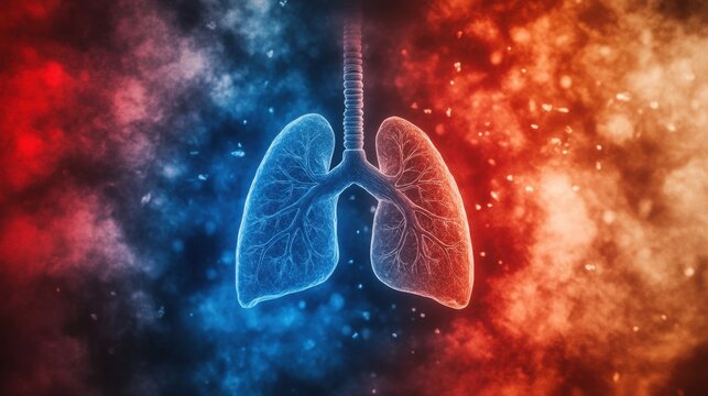 Human lungs displayed in a medical context, emphasizing diseases such as cancer, tuberculosis, and asthma, with a striking red and blue background