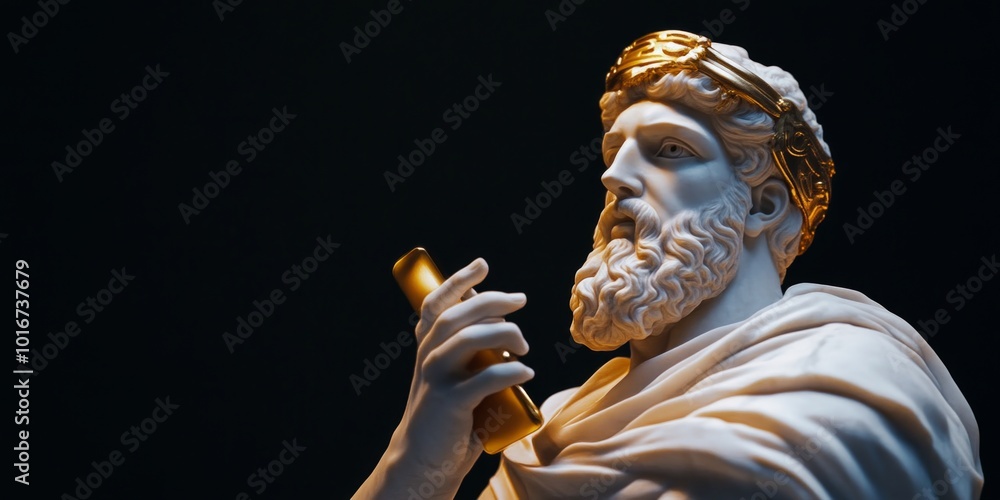 Poster a majestic statue of a wise figure with a flowing beard. the statue captures powerful expressions an