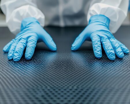 Lab technician working with carbon fiber composites under microscope, Materials Engineering, high-performance materials