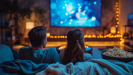 Obraz premium Loving Couple Embracing on Couch Watching TV - Cozy Evening Atmosphere