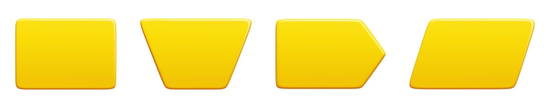 Yellow glossy text banner. 3d render illustration set of bright rectangle and arrow message box. balloon notification frame and comment badge. Simple geometric shape quote border and textbox.
