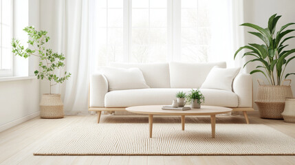 A bright and airy living room featuring cozy white sofa, round coffee table, and lush green plants. natural light enhances serene atmosphere, creating perfect space for relaxation