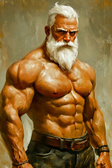 Portrait of a muscular man with a white beard and a white mustache, confidently posing for a picture.